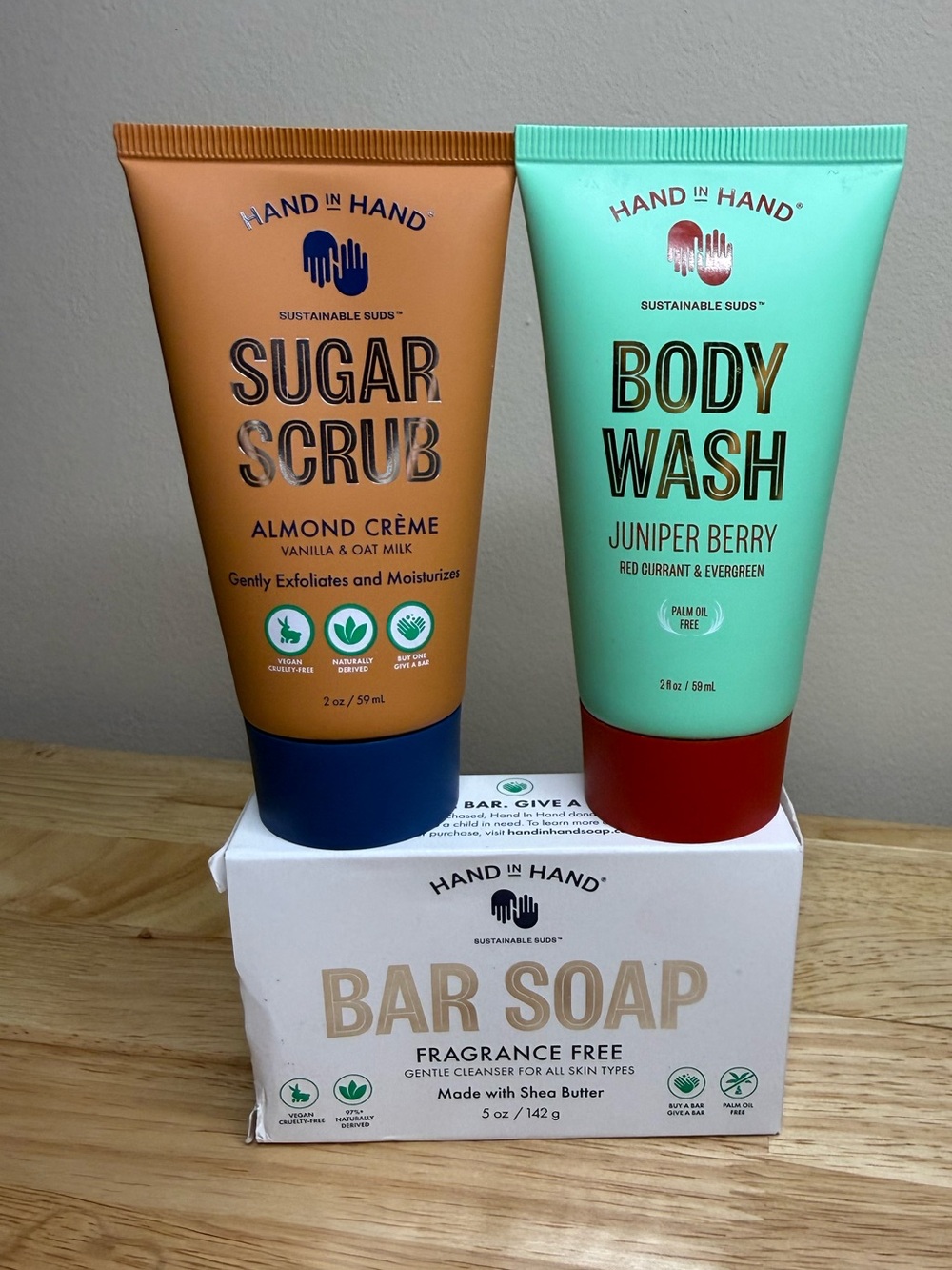 Hand in Hand Sugar Scrub, Bar Soap, and Juniper Berry Body Wash